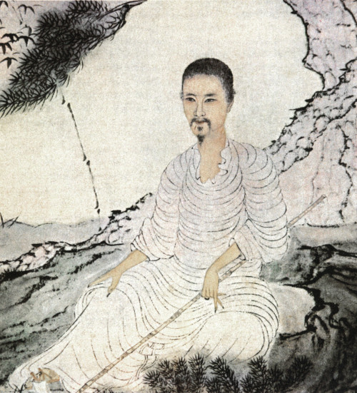 « Autoportrait : la plantation d'un pin (Shiao Hesang Zixie zhongsong tu xiaozhao) », 1674. Détail d'env. H 21 cm, ens. 40,3 × 170 cm, musée national du Palais, Taipei.